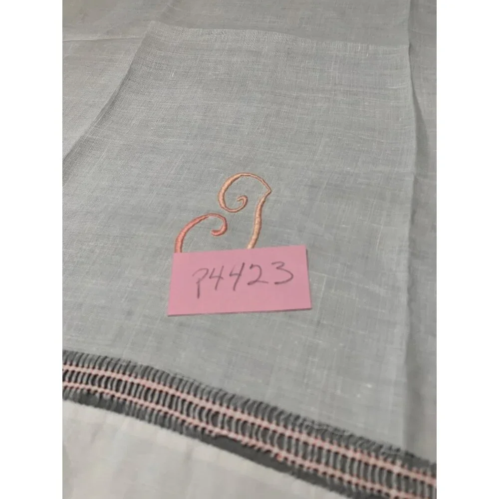 Vintage White Linen Hand Towel with Pink Embroidered Initial Monogram